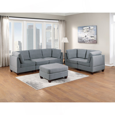 Modular Sofa Set 6Pc Set Living Room Furniture Sofa Loveseat Couch Grey Linen Like Fabric 4X Corner Wedge 1X Armless Chair And 1X Ottoman