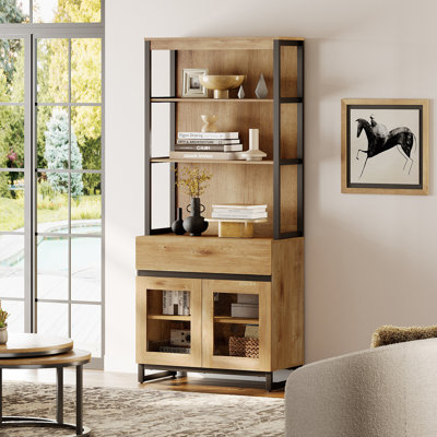 Modern 72" Tall Bookcase With Drawer And Open Book Shelfs, Library Book Shelf With Glass Doors Storage Cabinet, Wood Freestanding Bookshelf For Home Office, Living Room, Oak