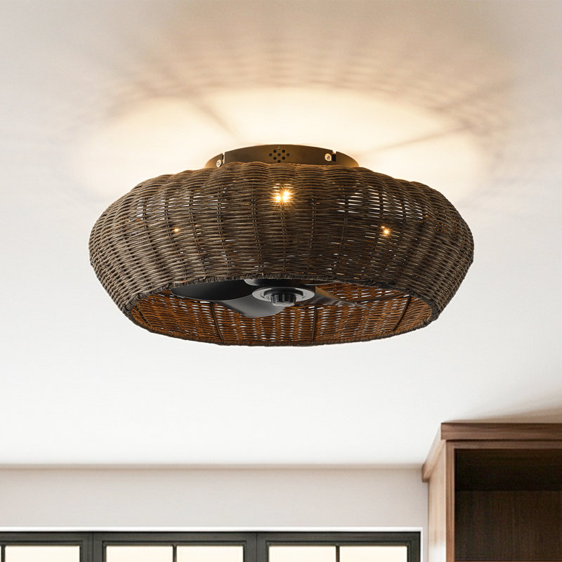 Ventilateur de plafond encastré de 50 cm (20 pouces) en rotin tressé de style bohème avec lumière et télécommande, ventilateur de plafond lustre noir vieilli