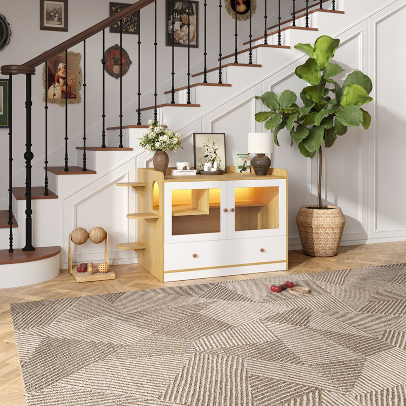 Enceinte de litière pour chat avec tiroir et escalier, Naturel / Blanc