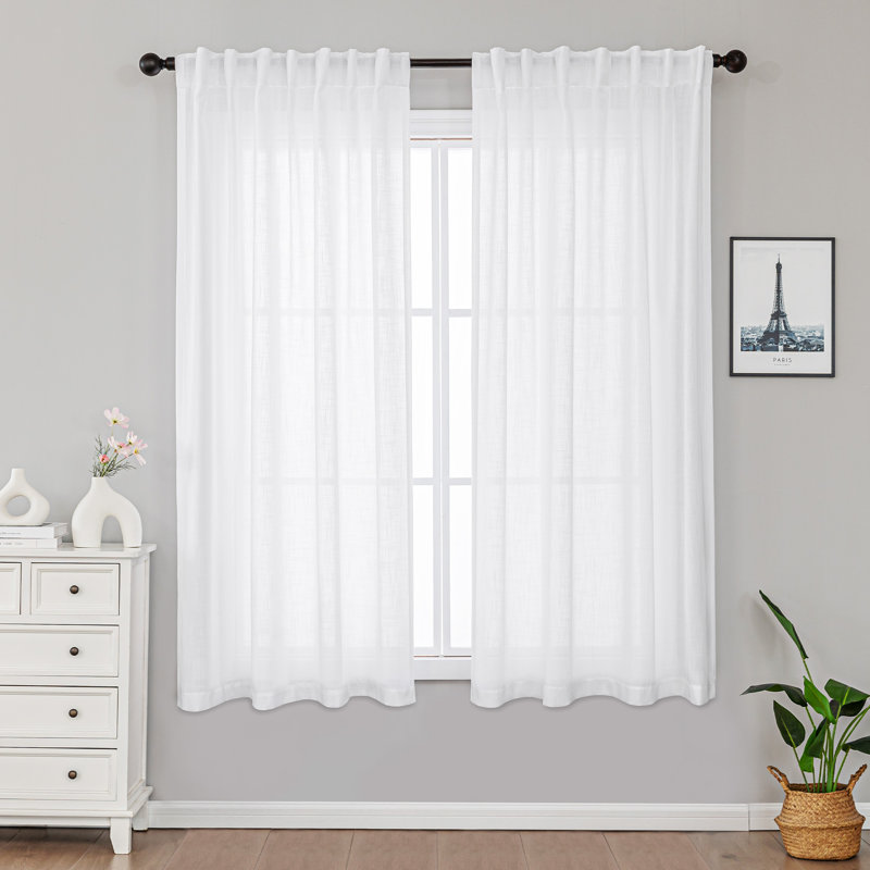 Toyoko Linen Blend Semi-Sheer Back Tab Curtains, 52" W x 63" L, White