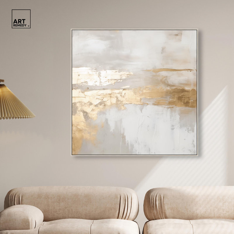 «Melted Gold Scape II» par Art Remedy, H 41 po x l 41 po, Cadre flottant, Argent argent