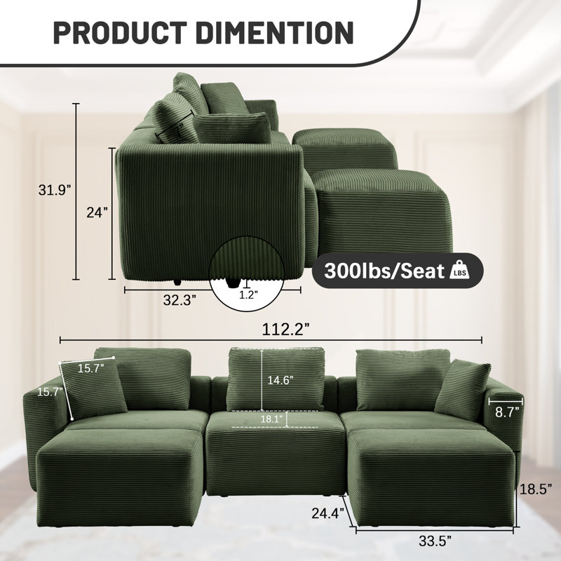 Canapé modulaire en velours côtelé avec pouf de 110 po Boneless, Velours côtelé vert