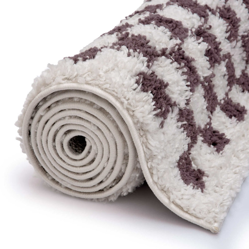 Moodi Modern Shaggy Area Rug Checkered Design, Runner 80 x 300 cm, Off-White/Purple
