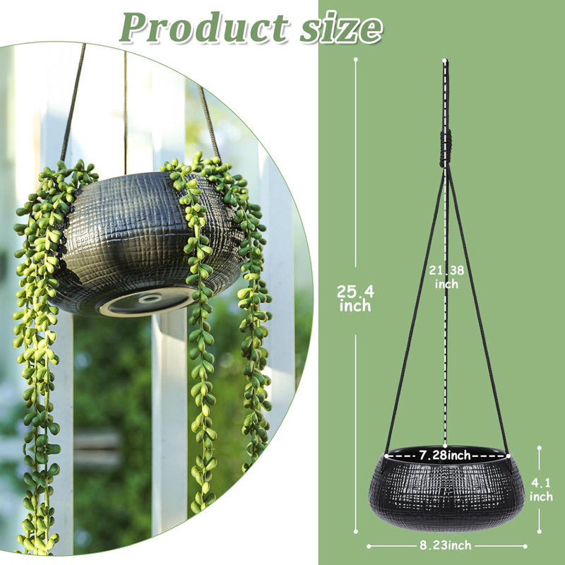 8" Black Geometric Ceramic Hanging Planter