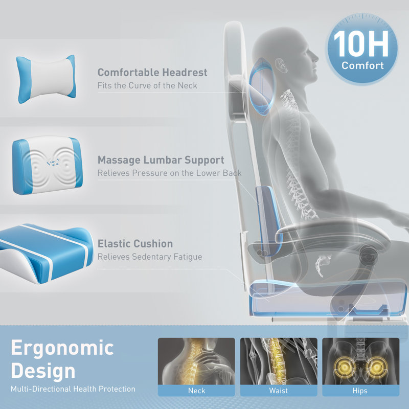 Metro Lane Adjustable Reclining Ergonomic Faux Leather Swiveling PC & Racing Game Chair with Footrest, White/Blue