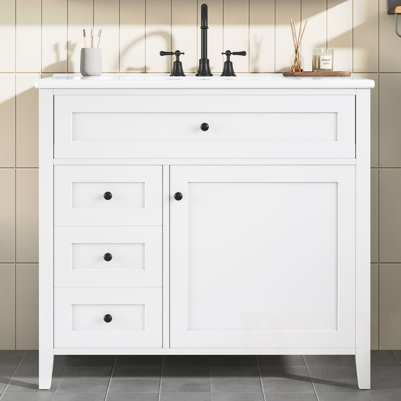 Meuble-lavabo avec lavabo, 3 tiroirs et tablette réglable, Blanc