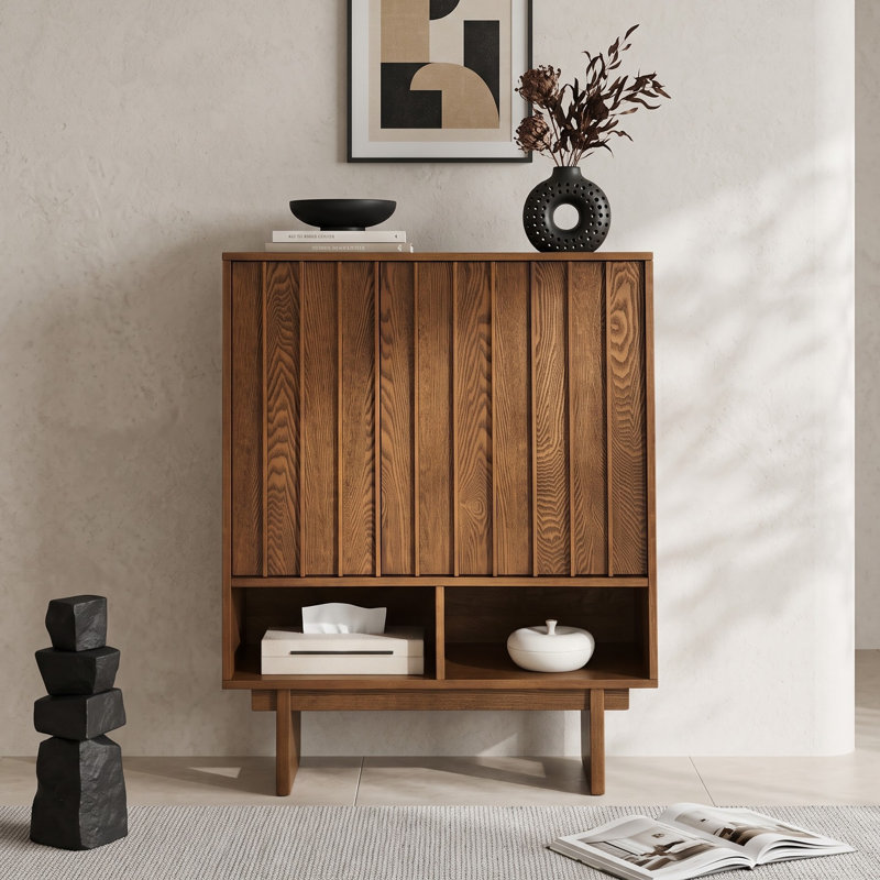 Buffet de salon de style Mid-Century de 80 cm (31,5 po), à lattes grillagées et étagères réglables, en bois brun