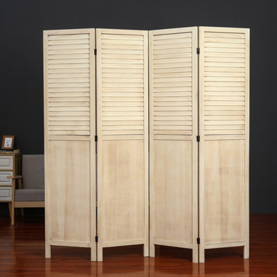 4 Panel Foldable Room Divider, Rustic Wood Window Shutter Style Room Divider