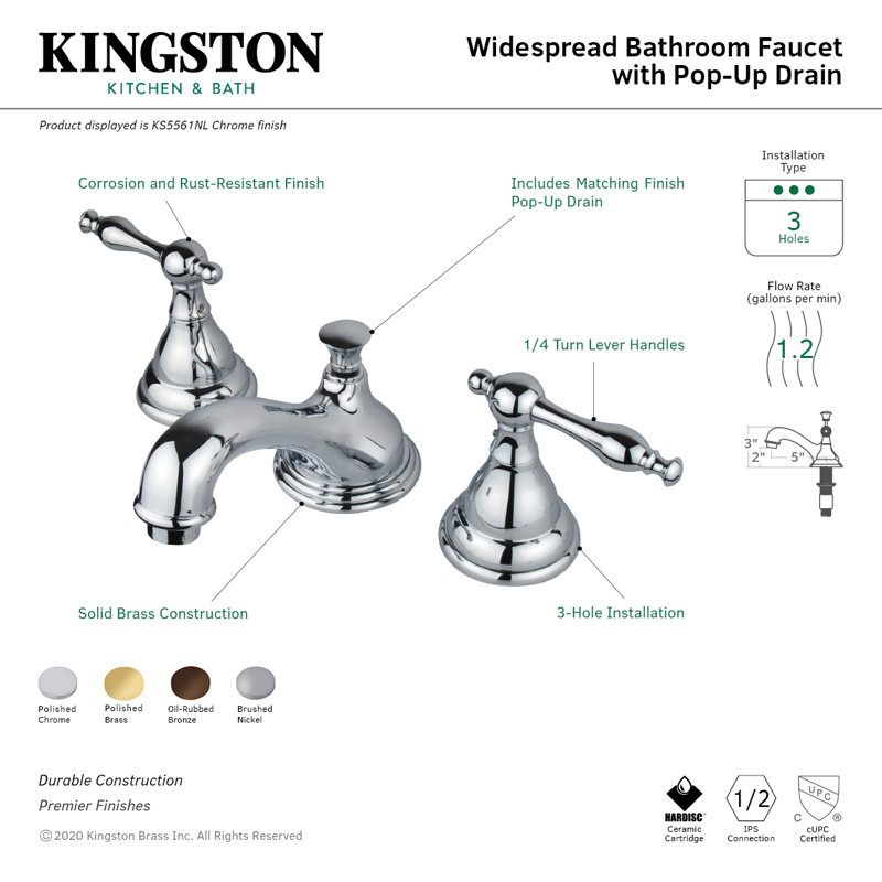 Kingston Brass Two-Handle 3-Hole Deck Mount Widespread Bathroom Faucet with Brass Pop-Up Drain, Oil Rubbed Bronze