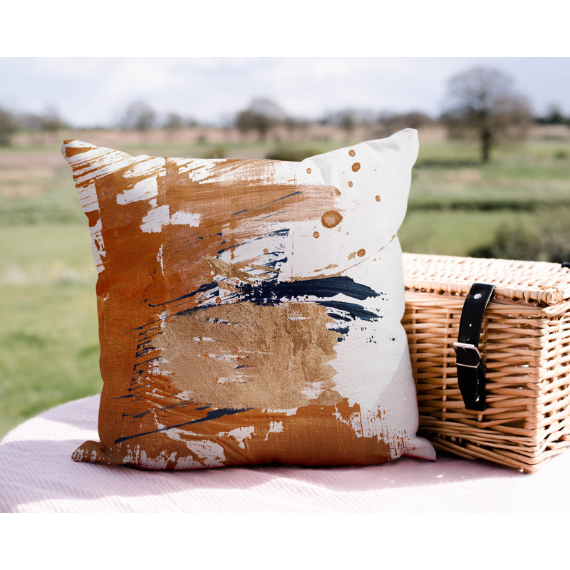 Coussin décoratif intérieur / extérieur Sarian, L 17 po x H 17 po, Orange / or / blanc