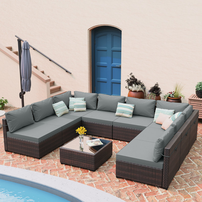 9-piece wicker patio conversation sets with cushions, Dark Gray