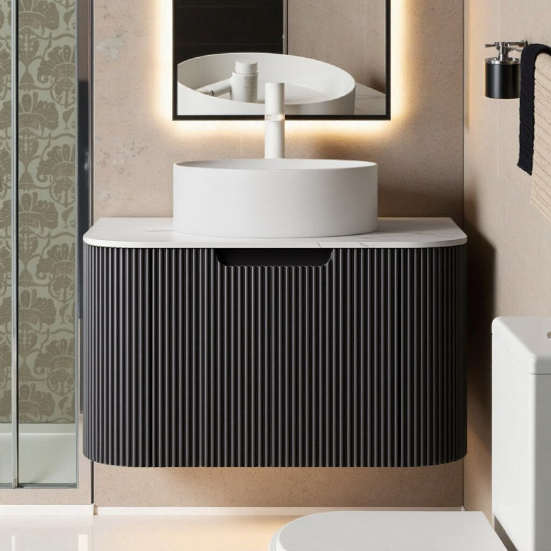 Meuble-lavabo mural flottant avec lavabo en céramique | Armoire moderne à rebord courbé de 24 po | Tiroir à fermeture en douceur et motif à rayures 3D