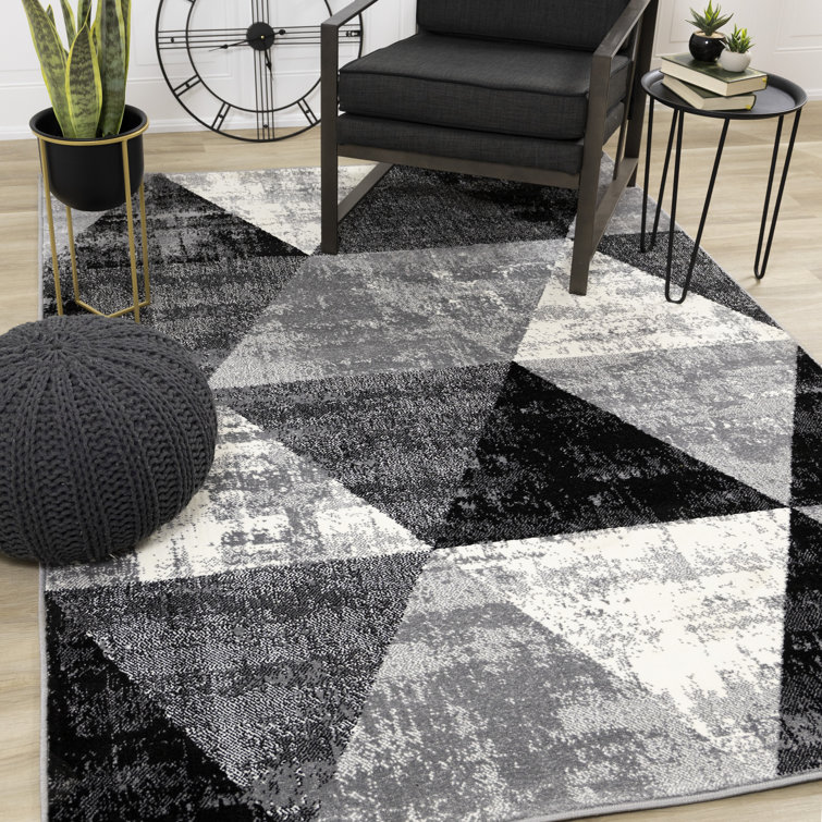 Jashua Black White Grey Distressed Geometric Area Rug