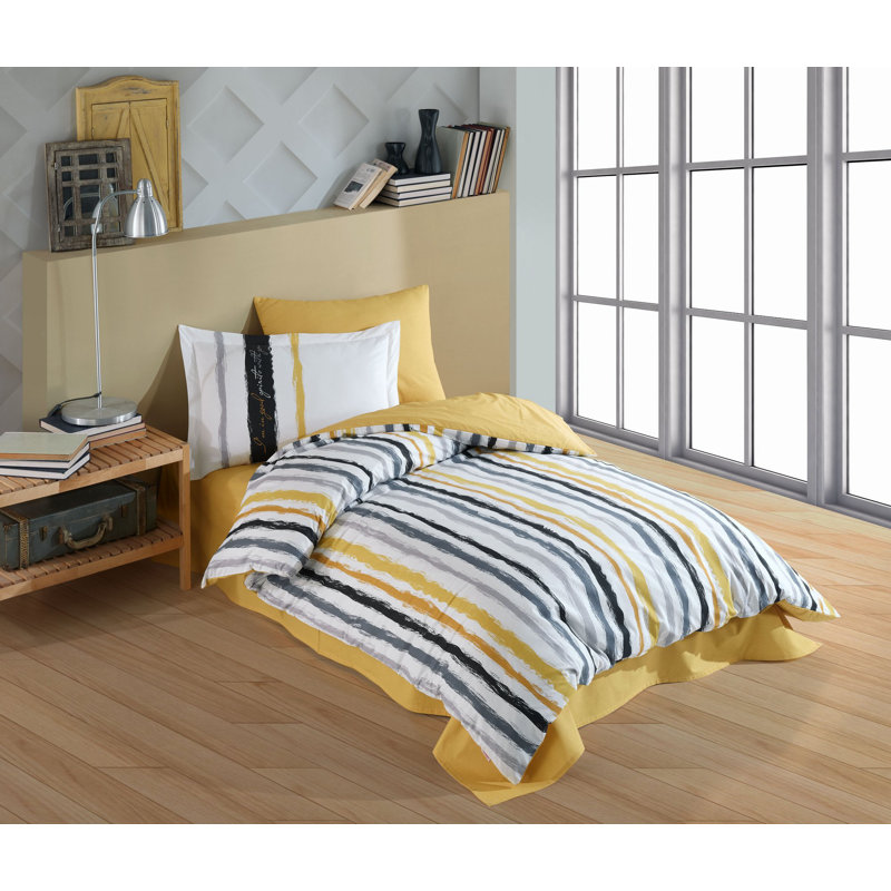 Ensemble de housse de courtepointe 100% coton de qualité supérieure, orange, blanc, gris et noir | Housse de couette 63 x 87, drap plat 63 x 95, taie d'oreiller 20 x 28 | Lavable à la machine, 152 fils, conception élégante à fermeture à boutons