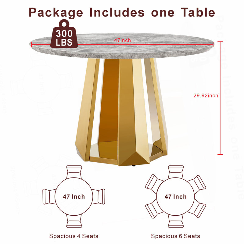 Table de salle à manger ronde en marbre de 47 po, table de cuisine moderne avec plateau en faux marbre ultrabrillant et base en acier inoxydable pour la salle à manger, cuisine (table seulement)