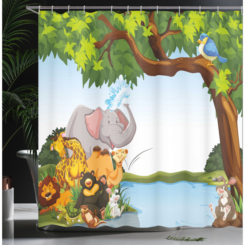 Ambesonne Cartoon Shower Curtain Cartoon Animals Funny  Multicolor, 75"H x 69"W