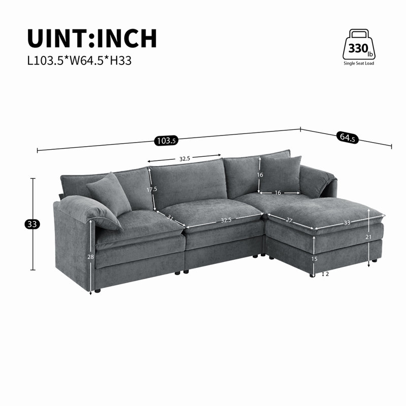 Modular Sectional, 33" H x 103.5" x 64.5" D, Dark Gray