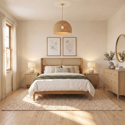 Harkless Mid-Century Modern Rubber Wood Platform Bed With PE Rattan Headboard