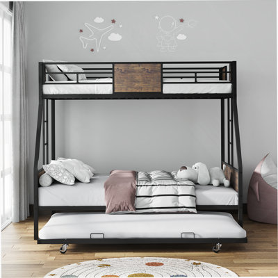 Twin Over Full Bunk Beds With Trundle, Ideal For Kids' Rooms, Featuring Safety Guardrails, Two Ladders, Sturdy Frame And Support Boards