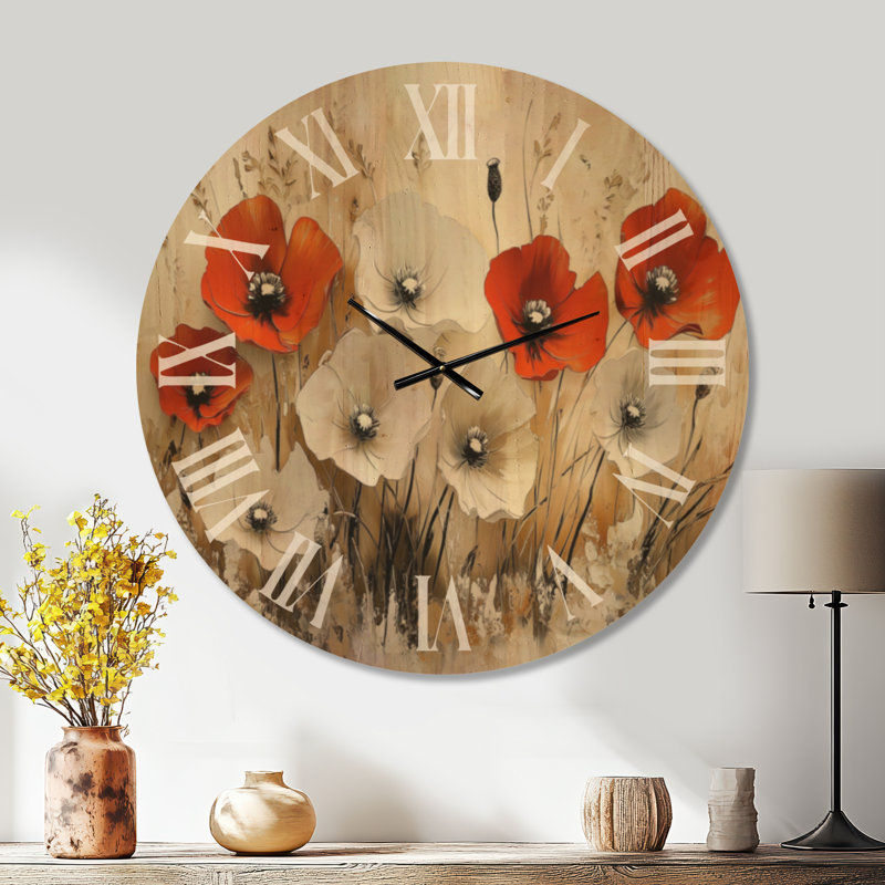 Coquelicots des prés cramoisis I - Horloge murale de fleurs sauvages, imprimée sur bois, Extra Large