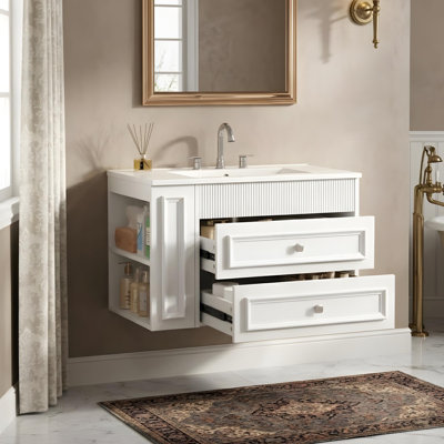 Meuble-lavabo mural avec tiroirs et tablettes