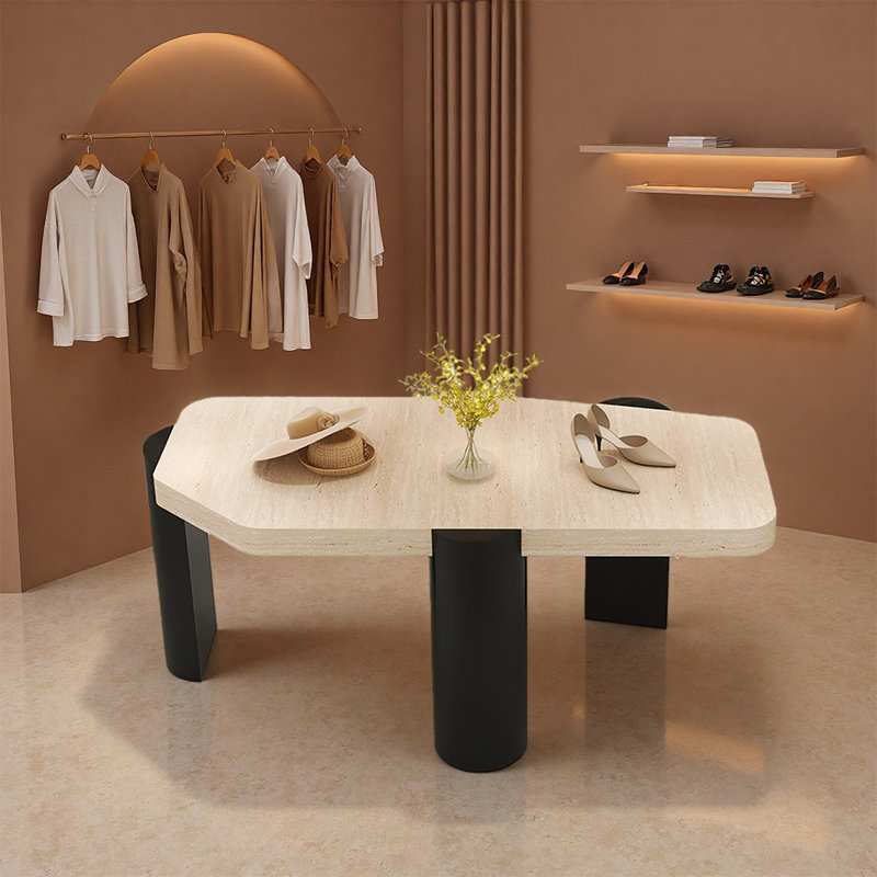 Table de présentation géométrique beige et noire, 27,56 po x 63 po x 27,56 po