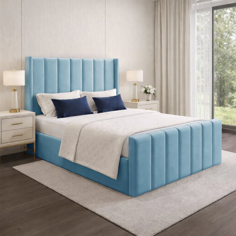 Premium Wingback Storage Bed Frame, Single (3'), Sky Blue