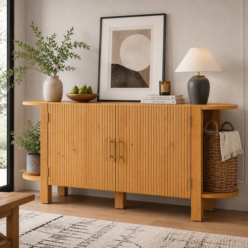Buffet 59 po cannelé avec tablettes incurvées et rangement réglable, Naturel