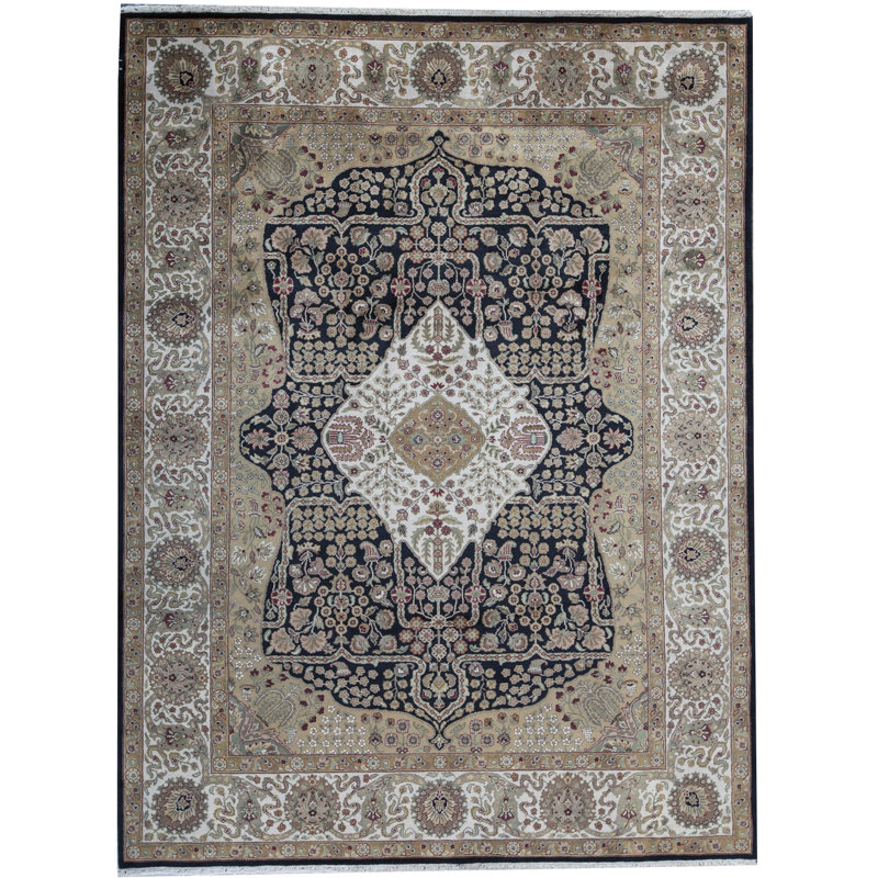 Tapis noir et ivoire de haute qualité noué à la main