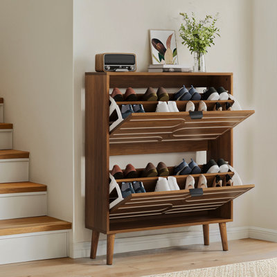 Medieval Modern Independent Shoe Cabinet, 31.5-Inch Walnut Shoe Storage Cabinet,, Fence Shoe Cabinet With 2 Flip Drawers, Suitable For Corridors And Entrances