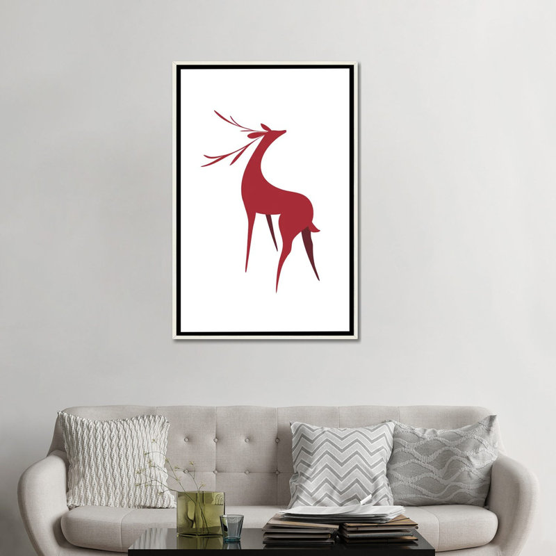 Cerf stylisé rétro en rouge - reproduction d'art encadrée, H 48 po x l 32 po, Reproduction encadrée sans passe-partout