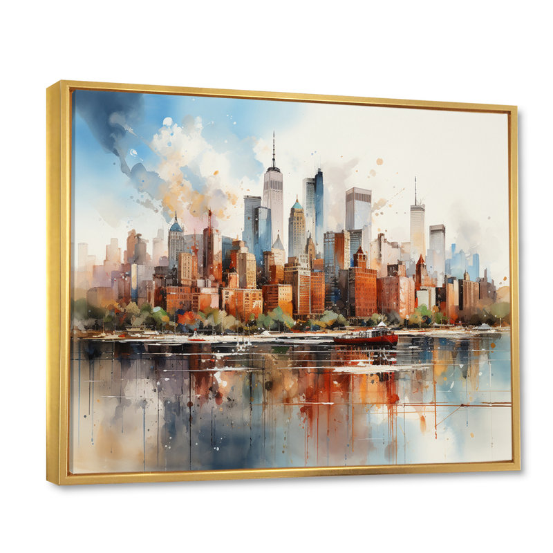 Dreamy New York, paysage rétro, aquarelle - décoration murale New York, H 34 po x l 44 po x P 1,5 po, Cadre flottant doré
