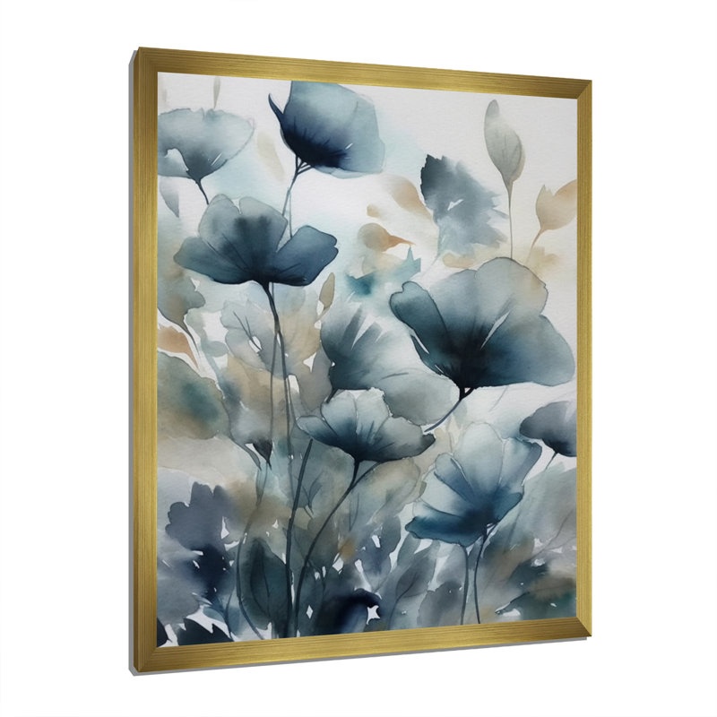 "Blue Leaf Foliage And Flowers III", reproduction d'art sur toile, H 44 po x l 34 po, Cadre doré