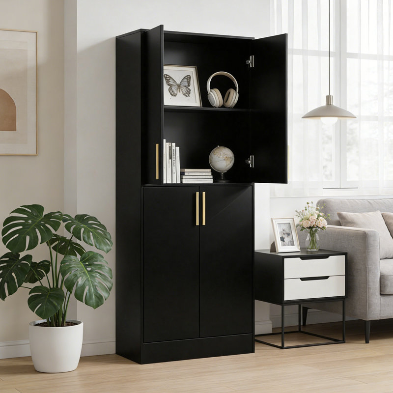 Armoire de 71 po de hauteur avec 4 portes, armoire de rangement pour garde-manger, armoire de garde-manger autoportante, huche de cuisine avec poignées dorées pour la salle à manger, salle de bain, noir
