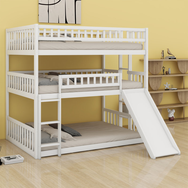 Triple Bed With Built-In Ladder,Slide And Guardrails, White