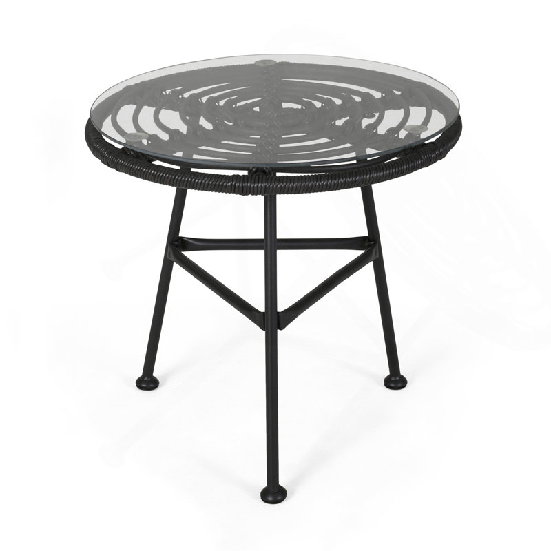 Outdoor Glass Top Faux Rattan Side Table,Tempered Glass Top End Table For Balcony Porch Deck, Gray