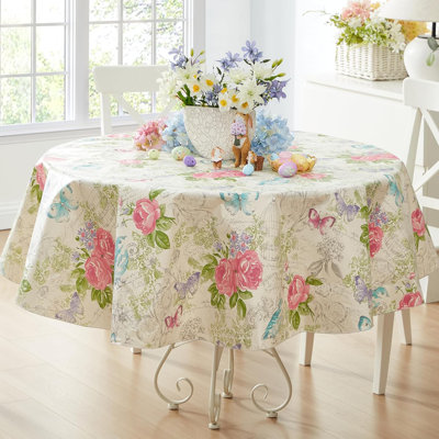 Easter Victoria Pastel Rose Floral 70 Inch Round Vinyl Flannel Backed Tablecloth, Roses And Butterfly French Country Print Vinyl Tablecloth With Flannel Backing, Dining Party