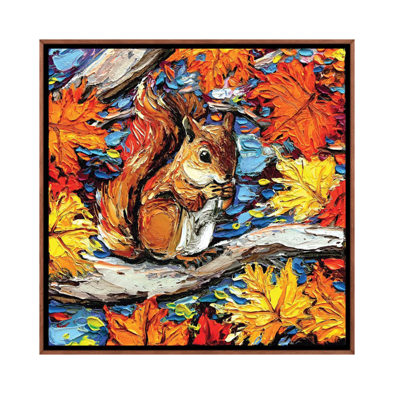 Reproduction d’art, "squirreling" par aja Trèves, Toile avec cadre en bois brun classique, Pas de tapis