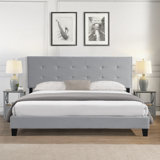 Upholstered Platform Bed Frame with Button Tufted Linen Fabric Headboard, No Box Spring Needed, Wood