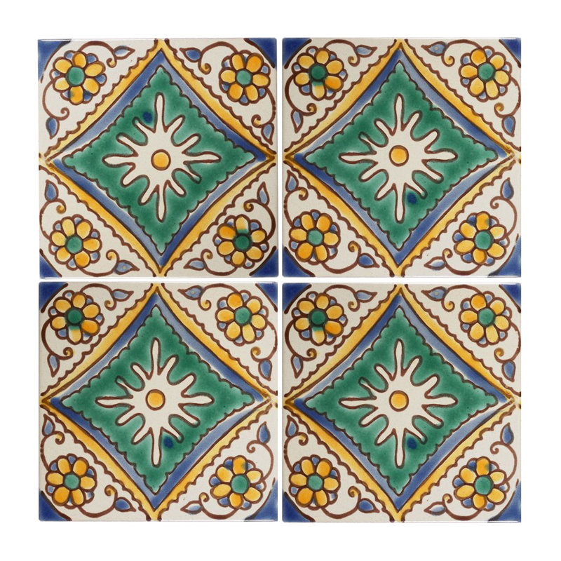 Mediterranean Hand-Painted Ceramic Wall Tile Set, 4x4, Multicolor