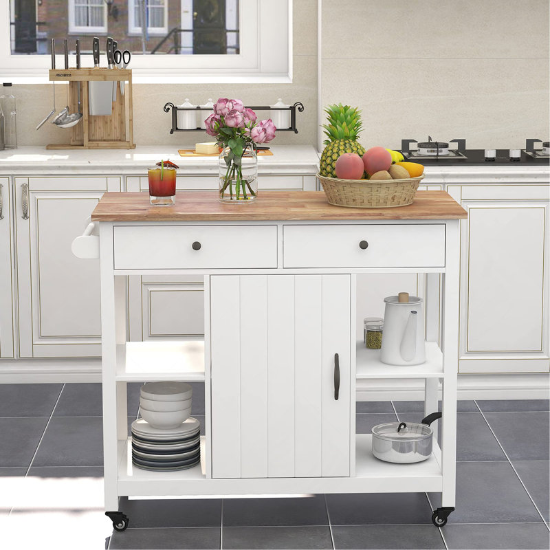 40" Kitchen Island Cart – Rubber Wood Top, Locking Wheels, Versatile Storage & Towel Rack, White