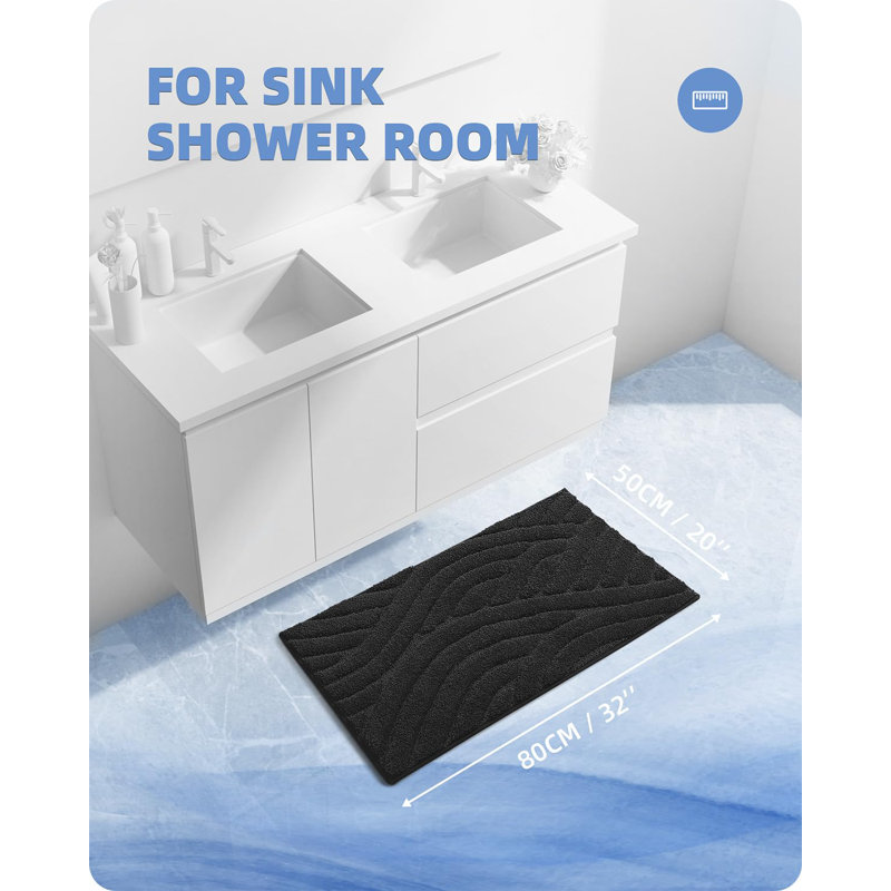 Annakiya Microfiber / Microsuede Non-Slip Bath Rug, Black, 20"W x 32"L