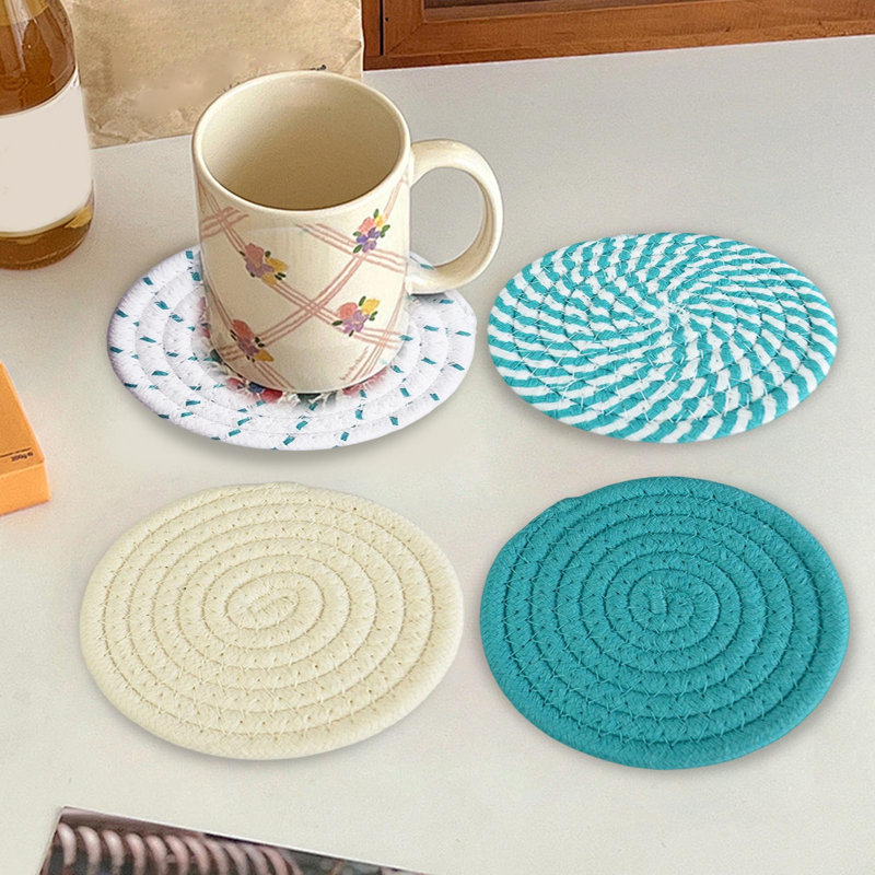 Napperon en coton avec nappe tissée ronde, Bleu