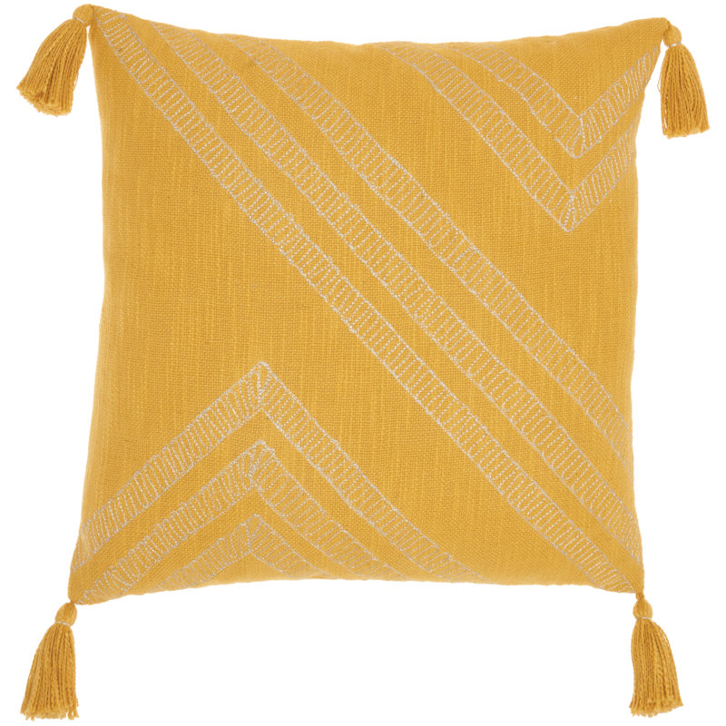 Golden Yellow Embroidered Cotton Throw Pillow with Tassels, 20x20