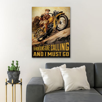 Man Riding Motorbike On Mountain - The Mountains Are Calling And I Must Go Gallery Wrapped Canvas - Transportation Illustration Decor, Brown And Yellow Living Room Decor