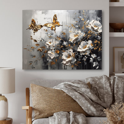 Ailes de papillon doré blanc et fleurs II - impression sans cadre sur métal