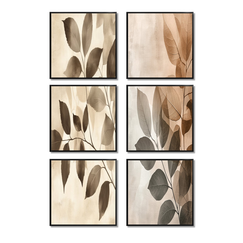 Feuilles taupe mosaïque collage - ensemble de 6 impressions sur toile florales, Impression encadrée sans passe-partout, Noir