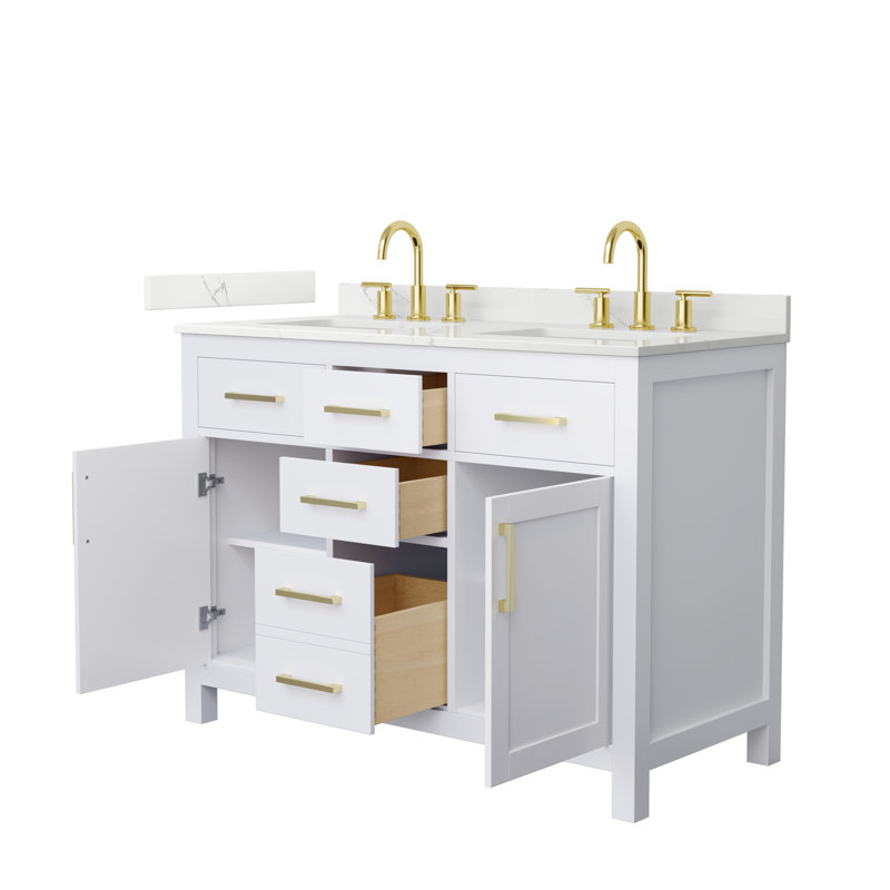 Beckett 48" Freestanding Double Bathroom Vanity with Quartz Top, Giotto Quartz, Brushed Gold, White