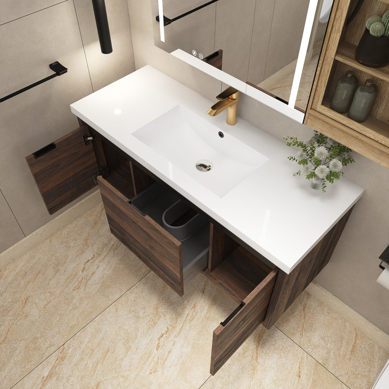 Meuble-lavabo mural simple 47,2 po avec plateau en résine, Noyer de Californie